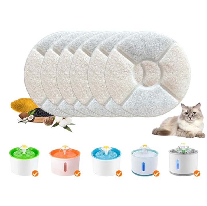 Set 6 szűrő állat itatókhoz, aktív szén-gyanta pamut, kerek 12.6x12.7cm