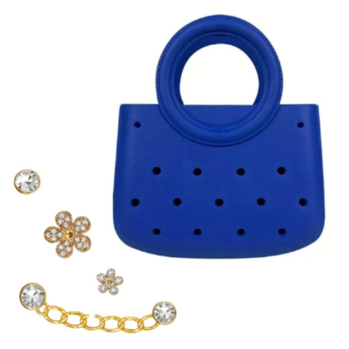 Multifunkcionális bevásárlótáska és 4 arany kiegészítő, EVA, vízálló, perforált kialakítás, fix kerek fogantyú, 26x22x8cm, sötétkék-arany