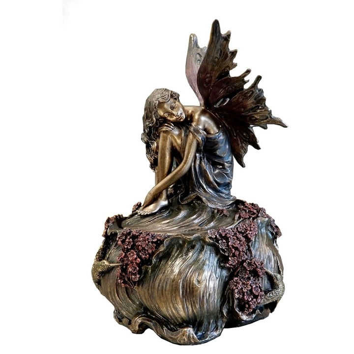 Figurina decorativa elfita pe floare de lotus, Veronese, polirasina, 16, 5cm, stil secesiune