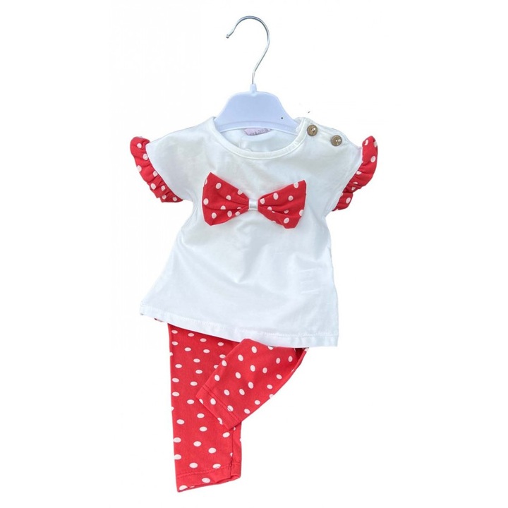 Compleu fetite alb-rosu cu tricou si pantaloni cu buline, Rosu/Alb, 74 CM