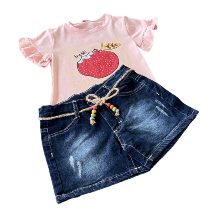 Compleu fetite tricou roz pal cu pantaloni scurti jeans, Roz/Albastru