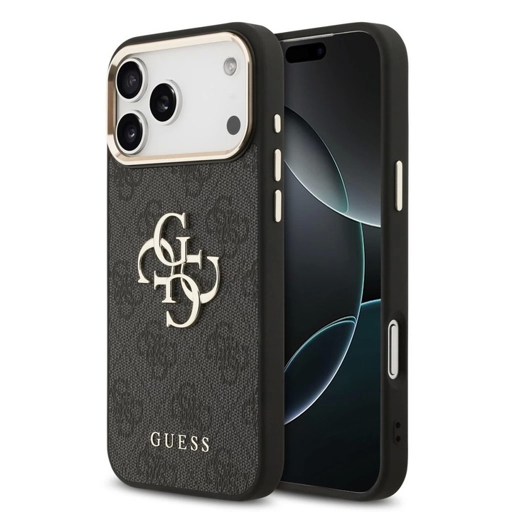 Калъф за телефон Guess PU кожа 4G метално лого Златна рамка MagSafe за iPhone 17 Pro Max, черен, ергономичен дизайн