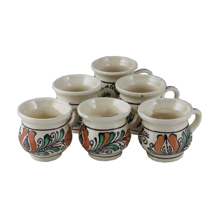Set 6 Cani Traditionale din Ceramica, Pictate Manual, Multicolore, 150 ml