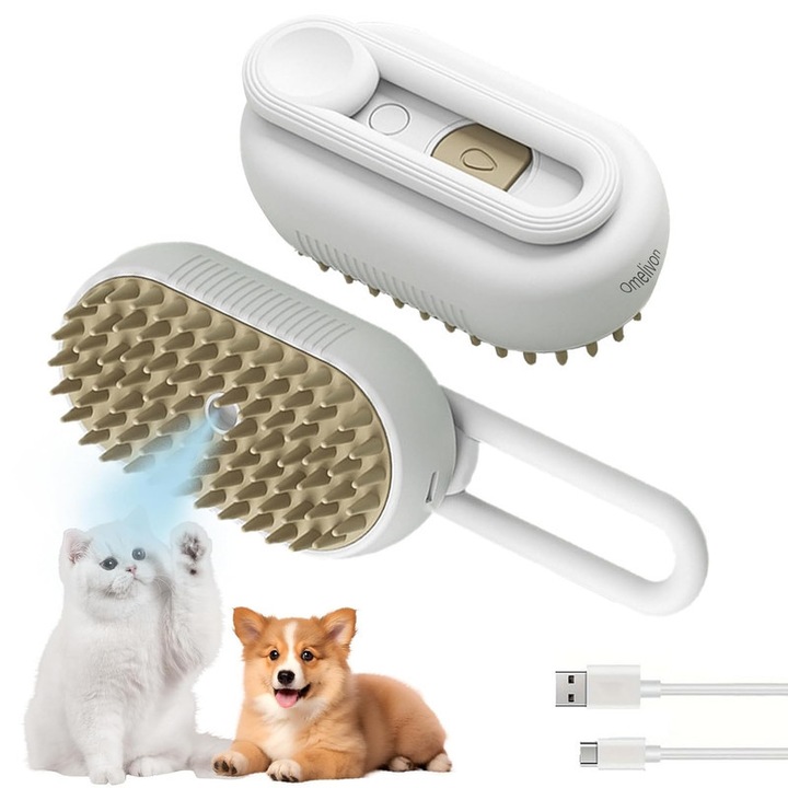 Perie cu abur, pentru caini si pisici, Omelivon ®, cu incarcare USB si rezervor de apadesign silentios, cap rotativ, usor de curatat, pentru indepartarea incurcaturilor si a parului subtire, Perie pentru ingrijirea animalelor, Alb