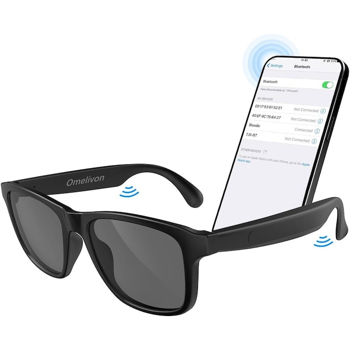 Ochelari de soare Smart Glasses, unisex, Omelivon ®, protectie UV400, Preluare apeluri, Redare muzica, Fotografiere, Asistent Vocal, Microfon incorporat, Navigatie, Baterie cu autonomie mare, Ochelari Bluetooth cu difuzoare, Negru