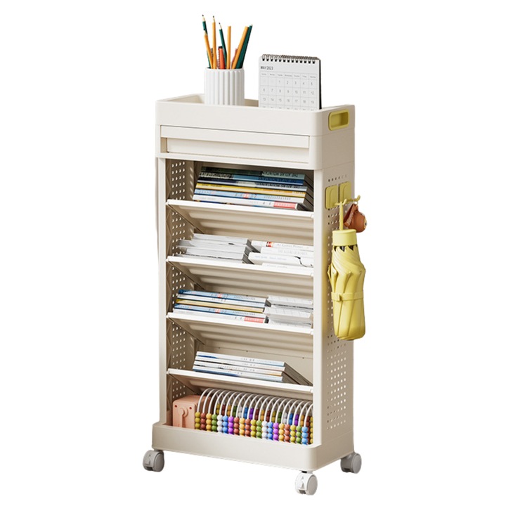 Mozgó tárolóállvány 6 polccal, DABISY, műanyag, méretek 40x19,5x78,5 cm, forgó kerekek zárral, kihúzható fiók, oldalsó akasztó, krémszínű