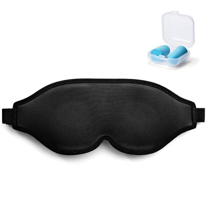 Masca de dormit, Super Viata, spuma 3D, reglabila, neagra, set cu dopuri pentru urechi