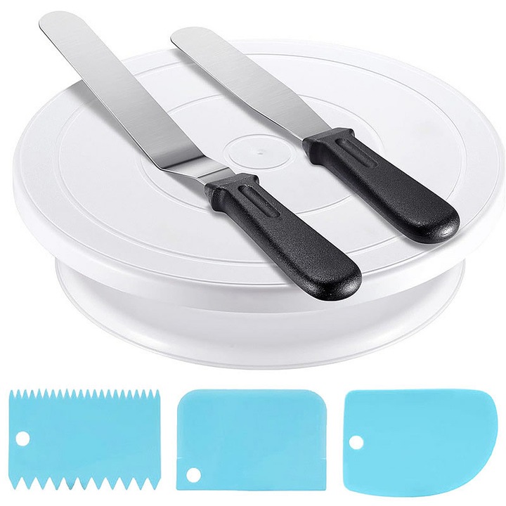 Set ustensile decorare prajituri Super Viata, 6 piese, spatule inox 15x20cm, suport rotativ 28x7.5cm