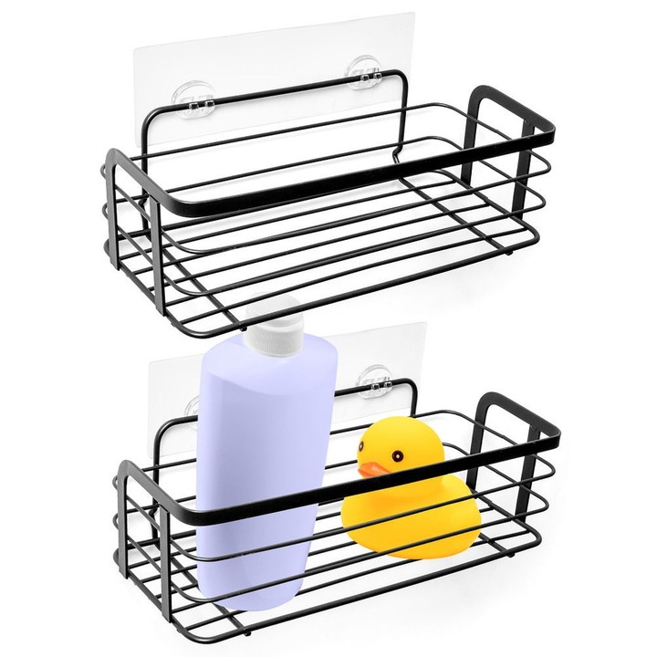 Set 2 Rafturi Pentru Baie, Vilde, 31x12x9.5 cm, Inox, Metal Vopsit Electrostatic, Montaj Fara Perforare, Destinate Montarii Pe Faianta, Negru