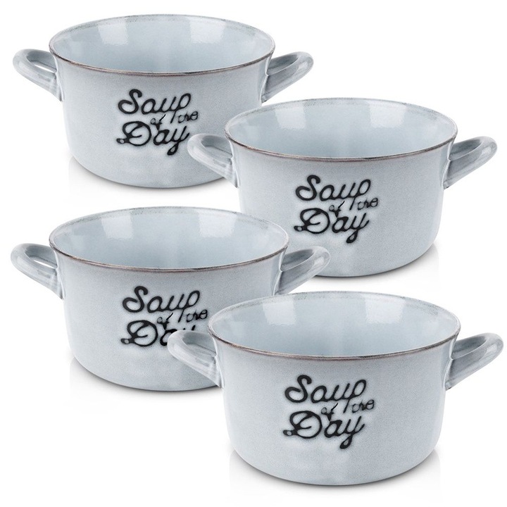 Set 4 Boluri De Supa, Siaki Collection, 17x13.5x7.5 cm, 600 ml, Ceramica, Manere Pentru Transport Usor, Albastru