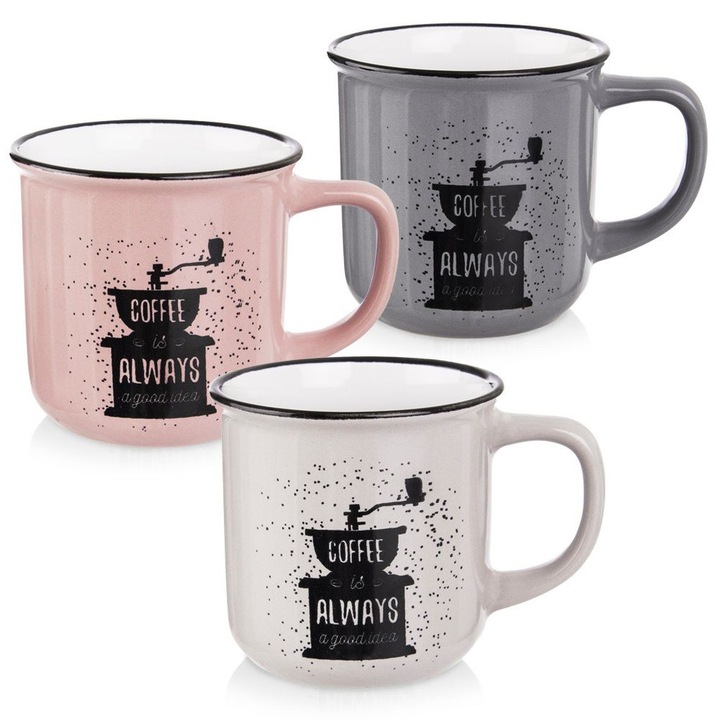 Set 3 Cani Ceramice, Orion, 9x12.5x8.5 cm, 370 ml, Capacitate Maxima 370 ml, Usor De Curatat, Potrivite Pentru Masina De Spalat Vase, Multicolor