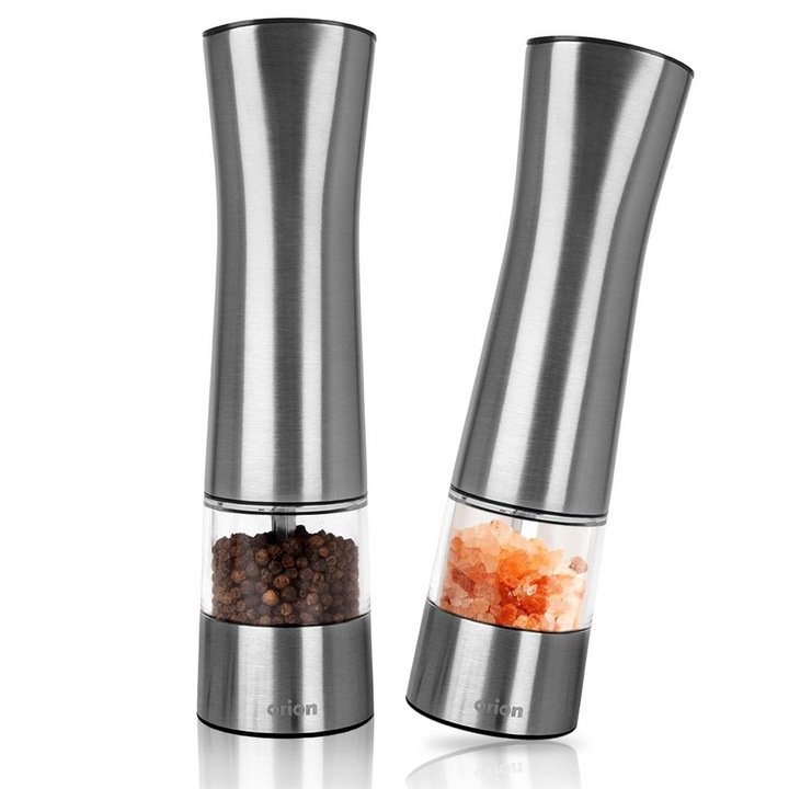 2 db-os elektromos só- és borsőrlő készlet, Orion, 21,5x5,5 cm, rozsdamentes acél ház, kerámia őrlőmechanizmus, őrlési vastagság beállítása, be- és kikapcsoló zár, ezüst