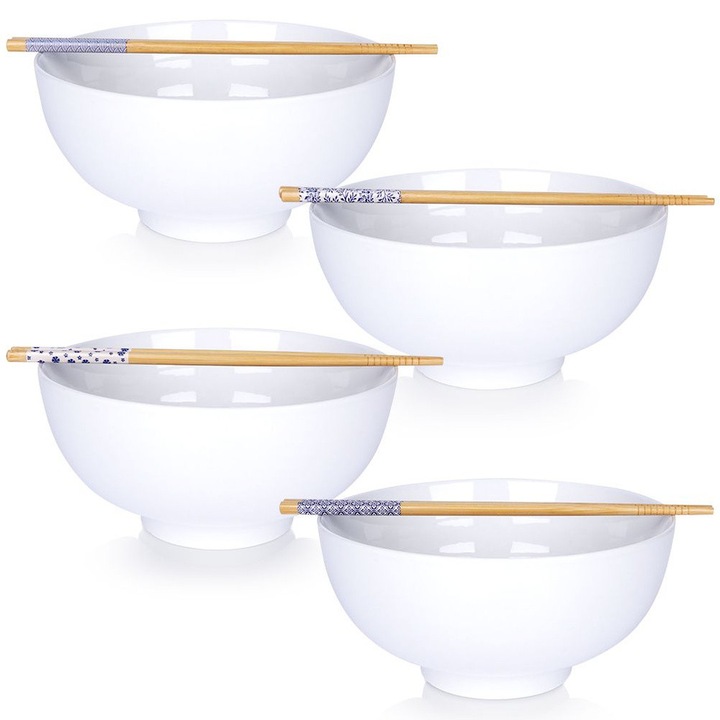 Комплект от 4 купички за рамен с клечки, Vilde, 20x10x24 см, 1.6 л, Порцеланови купички, Бамбукови клечки, Подходящи за съдомиялна машина, Подходящи за микровълнова фурна, Бяла