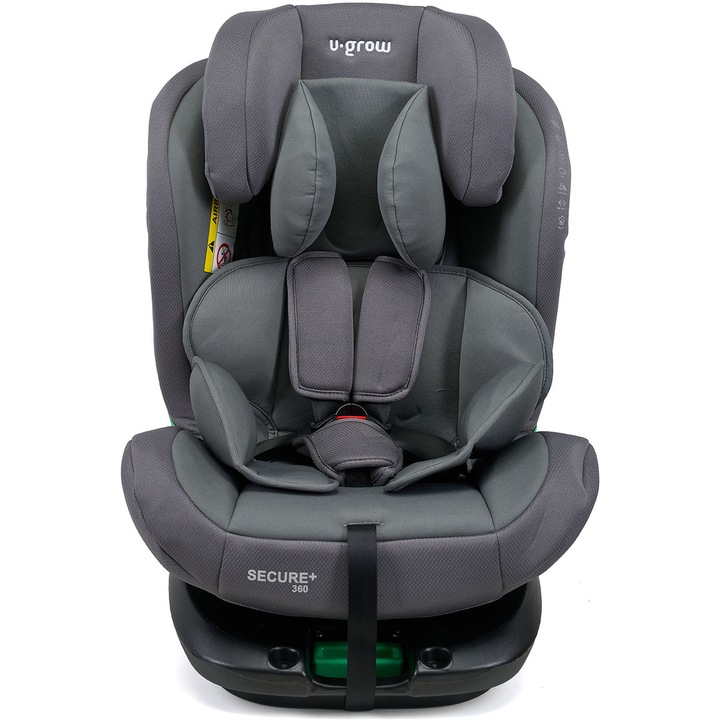 Scaun auto U-Grow Secure+ 40-150 cm, 360 grade, 4 pozitii de ajustare pe spate, 10 pozitii de ajustare a tetierei pe inaltime, gri, U-Grow