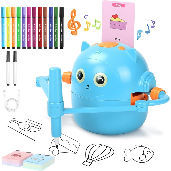 Robot Educational Interactiv pentru Desen, Jucarie Montessori, Educatie timpurie, robot inteligent de desen automat, cu 100 Carduri cu Cuvinte si Interactiune Vocala, pentru Copii 3+, 12 Creioane Colorate, pentru Copii 3+,11x12.5x11cm, Albastru