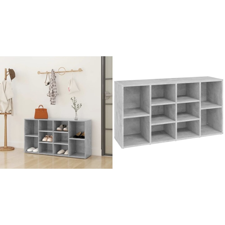 Bancheta pantofar, Lemn, Gri beton, 10 rafturi, 103x30x54.5 cm