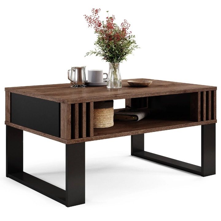 Модерна масичка за кафе, Dafi Furniture, с летви – Правоъгълна маса с рафт, елегантен дизайн за хол, Масичка за кафе Дъб Кафява Черна