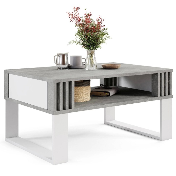 Модерна масичка за кафе, Dafi Furniture, с летви – Правоъгълна маса с рафт, елегантен дизайн за хола, Бяла бетонна масичка за кафе