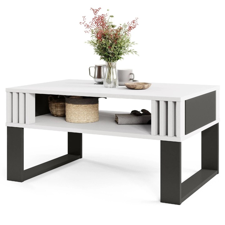 Модерна масичка за кафе, Dafi Furniture, с летви – Правоъгълна маса с рафт, елегантен дизайн за хол, Черно-бяла масичка за кафе