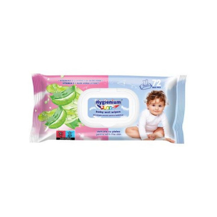 Hygienium servetele umede pentru bebelusi 72 buc, ULTRA SOFT, cu vitamina E si extract de aloe vera, densitate 55 gr/m², dimensiune servetel 20 x 17 cm