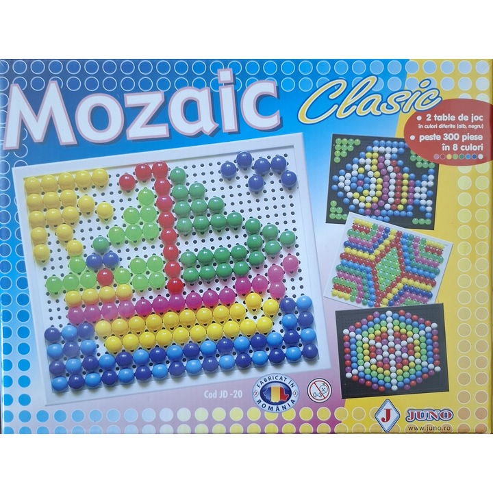 Joc educativ Mozaic clasic, Juno, set cu 2 table, 300 piese, multicolor, pentru copii peste 3 ani