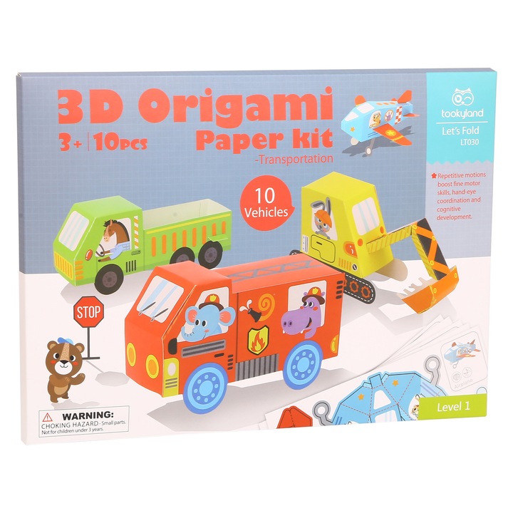 Set educativ Tookyland KIT 3D ORIGAMI Vehicule, 10 coli carton colorat