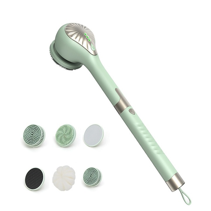Többfunkciós elektromos zuhanykefe, levehető, vízálló, 6 tartozék, 3 sebesség, hámlasztás, pórustisztítás, sűrű, 3,5 W, zöld