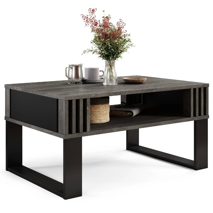 Модерна масичка за кафе, Dafi Furniture, с летви – Правоъгълна маса с рафт, елегантен дизайн за хол, Черна стоманено-бетонна масичка за кафе