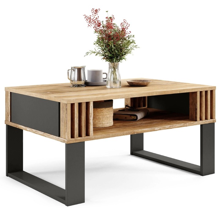 Masa de cafea, Dafi Furniture, dreptunghiulară, raft inferior, stejar retro/negru, 90x60x45cm