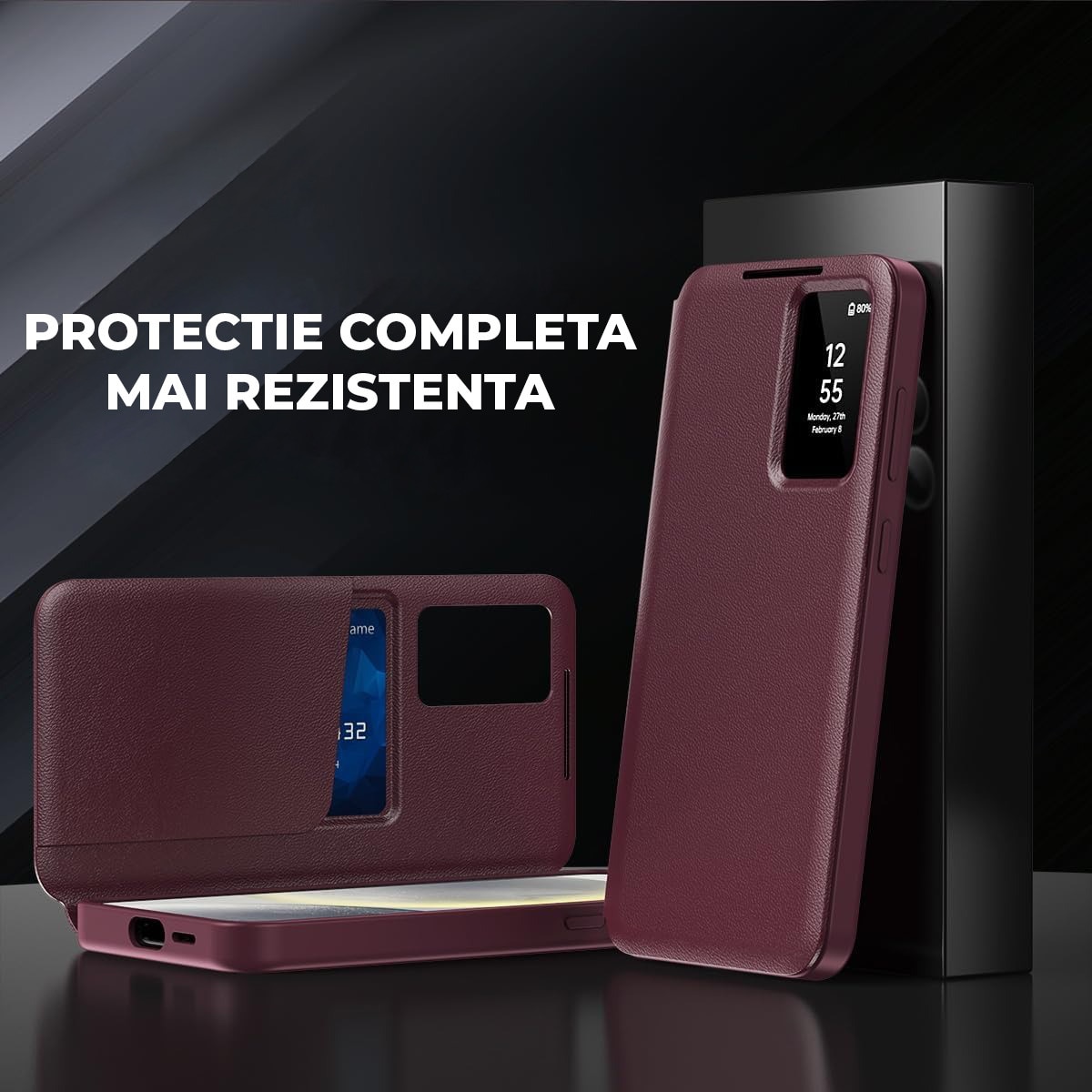 Husa pentru Samsung Galaxy A56 FlipSmart DaDen®, Functie Smart View, Suport carduri, Calitate Premium, Piele ecologica, Visiniu