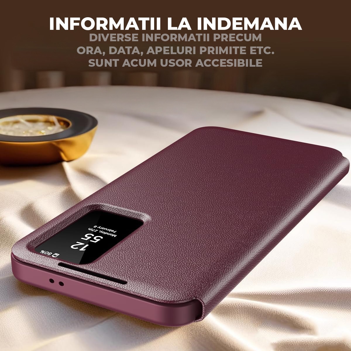 Husa pentru Samsung Galaxy A56 FlipSmart DaDen®, Functie Smart View, Suport carduri, Calitate Premium, Piele ecologica, Visiniu