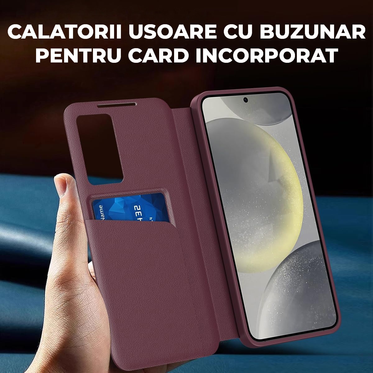 Husa pentru Samsung Galaxy A56 FlipSmart DaDen®, Functie Smart View, Suport carduri, Calitate Premium, Piele ecologica, Visiniu