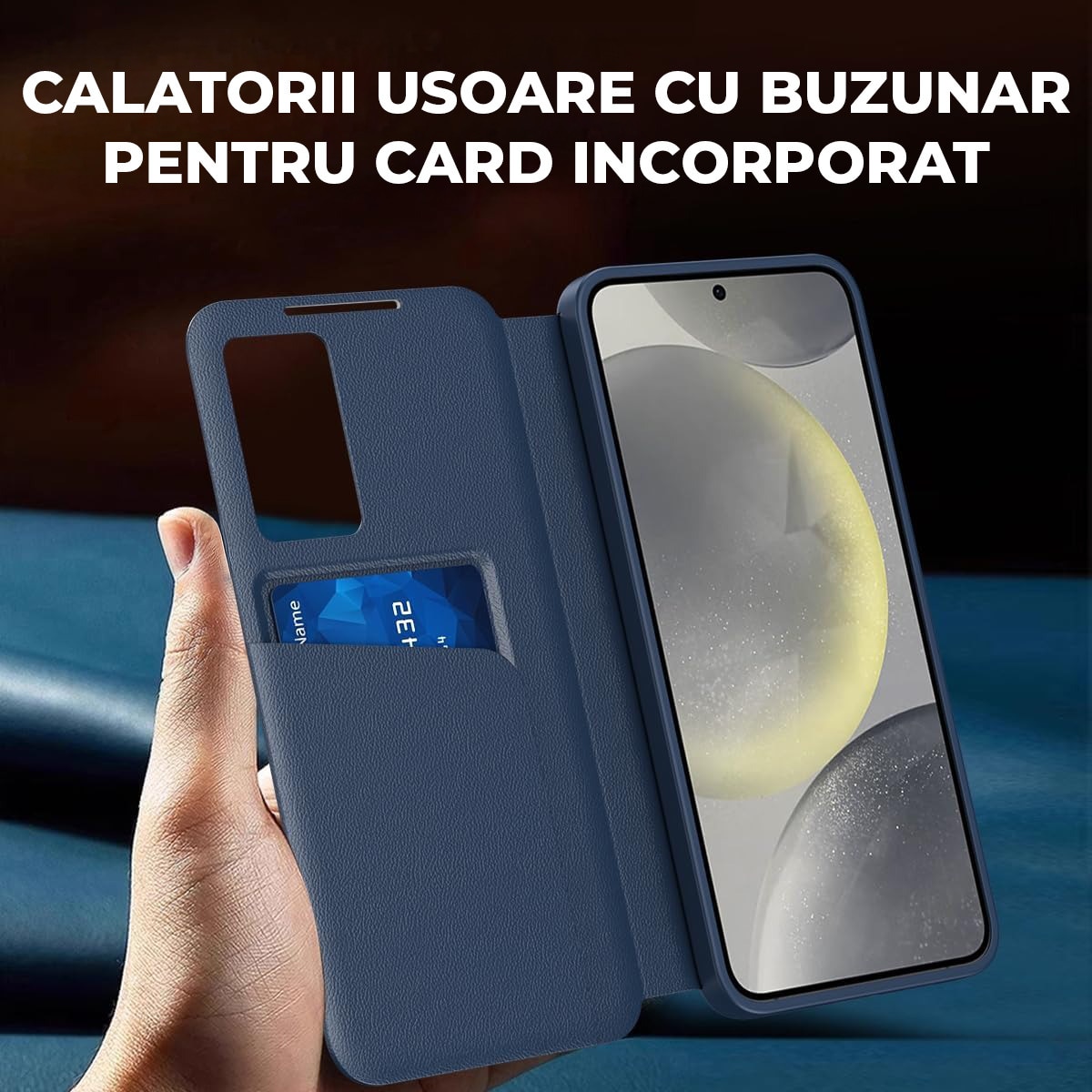 Husa pentru Samsung Galaxy S25 Ultra FlipSmart DaDen®, Functie Smart View, Suport carduri, Calitate Premium, Piele ecologica, Albastru