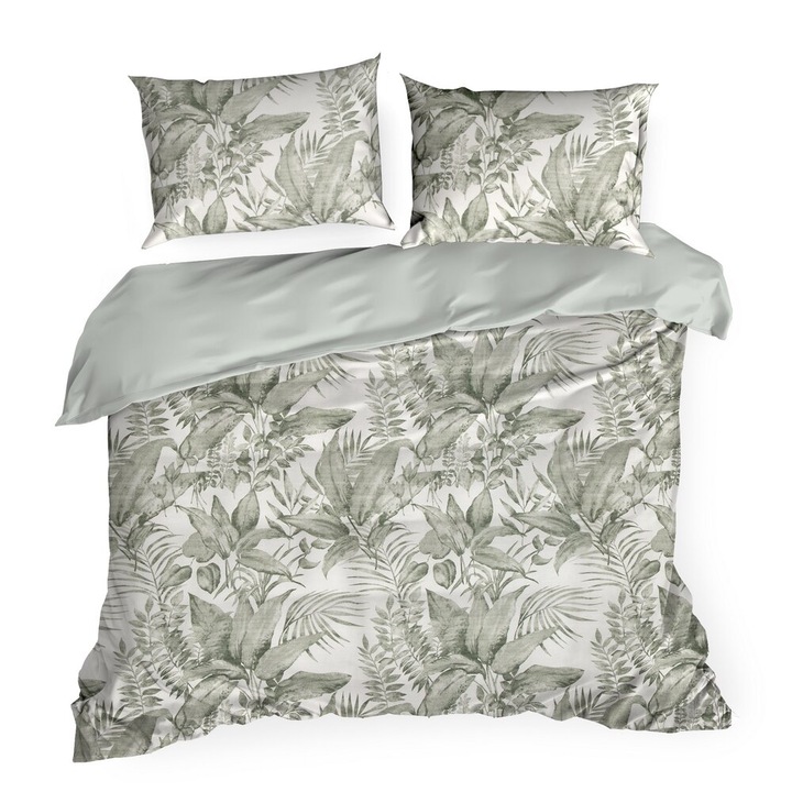 Lenjerie de pat set Eurofirany 160x200cm menta, alb, frunze tropicale