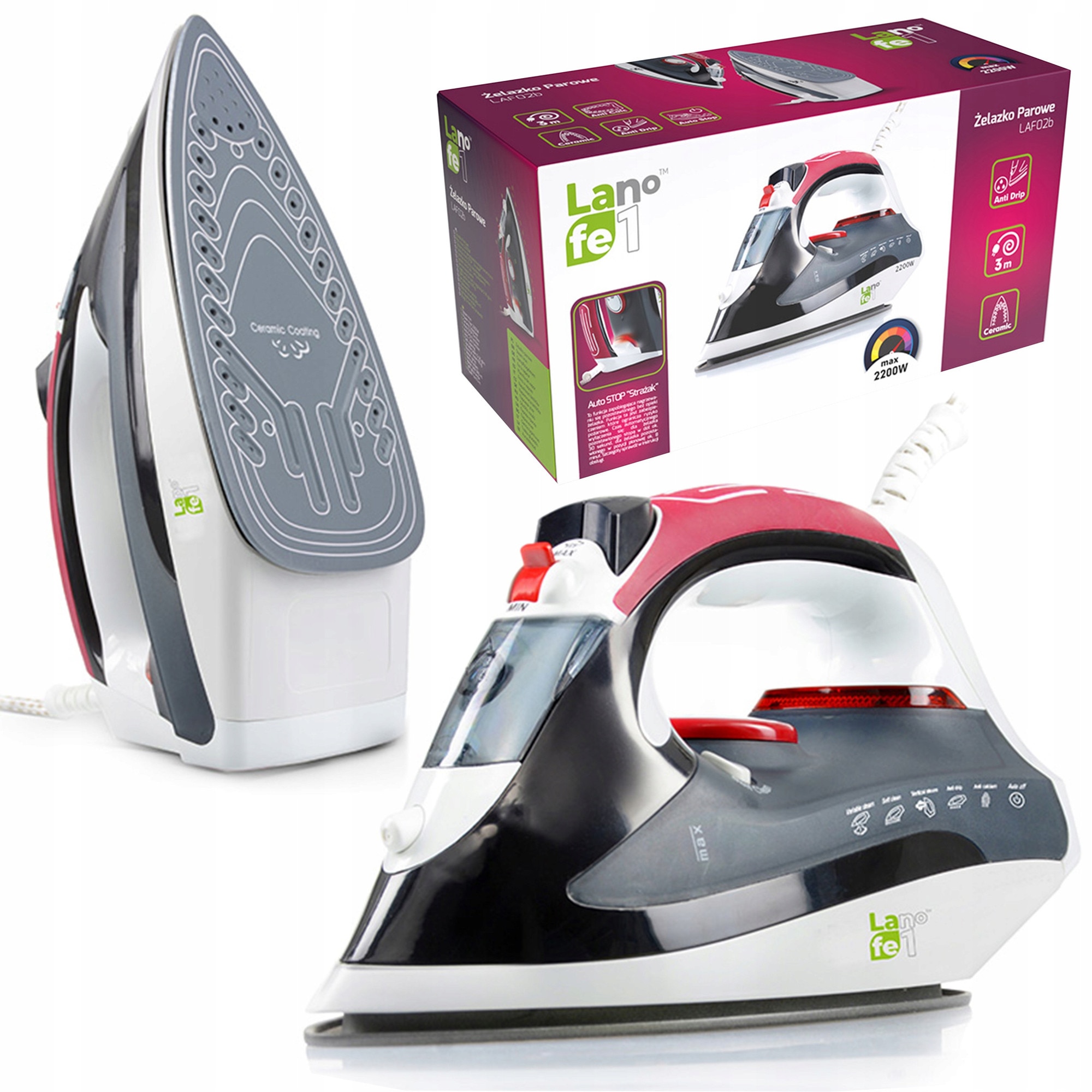 Fier de calcat cu abur Lafe LAF02b, 2200W, ceramica, negru-rosu