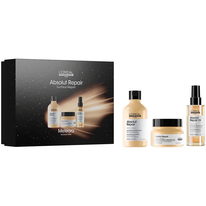 Комплект L’Oreal Professionnel Serie Expert Absolut Repair TRIO, за суха и увредена коса, със златни трици от киноа и пшенични протеини, Шампоан, 300 мл + Маска 250 мл + Олио за коса 90 мл