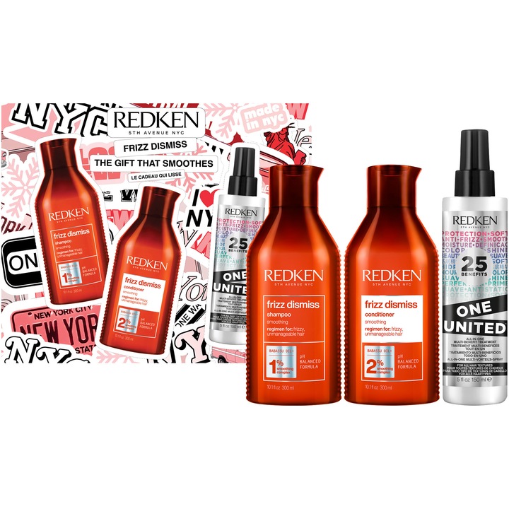 Комплект професионална рутина Redken Frizz Dismiss с масло от бабасу за наелектризирана коса: Шампоан 300 мл + Балсам 300 мл + Многофункционална терапия Redken One United 150 мл