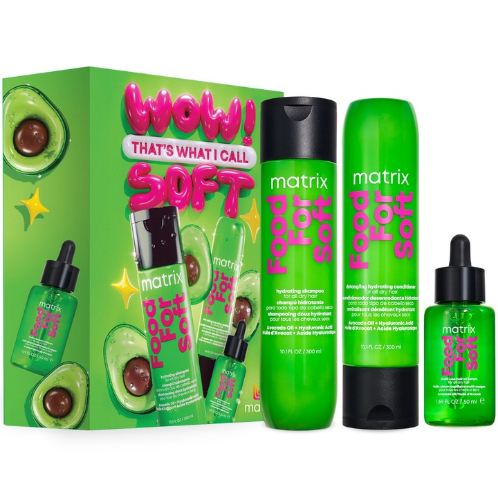 Комплект за грижа Matrix Food For Soft Шампоан с масло от авокадо и хиалуронова киселина за суха коса 300 мл + Балсам 300 мл + Хидратиращо масло с термозащита 50 мл
