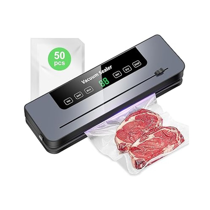 Aparat de vidat alimente, 120 W, 60 kPa, 5 functii: umed/uscat/moale, panou de control tactil, bara de sigilare de 30 cm, cutit incorporat, cu 10 pungi de 20 x 30 cm, functie automata de sigilare si vidare