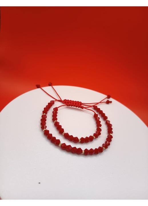 Set Bratari cu Cristale Semipretioase Rosii si bile din Aur 14k, Set Mama Fiica, pe snur reglabil 10-20 cm