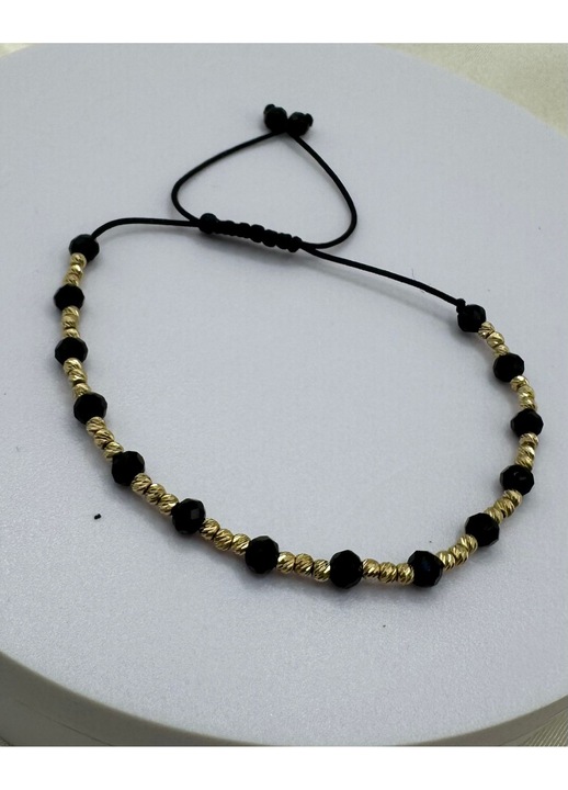 Bratara Unisex cu Pietre Semipretioase din Onix Fatetat si 39 bile din Aur 14k, pe snur reglabil 15-25