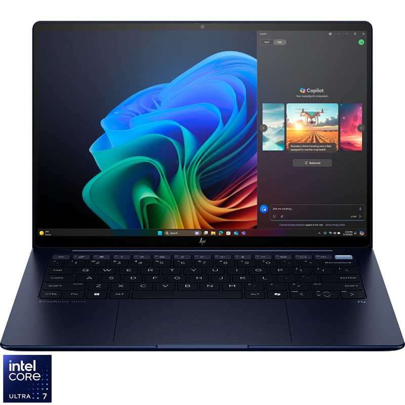 Laptop HP EliteBook Ultra G1i cu procesor Intel® Core™ Ultra 7 258V pana la 4.8GHz, 14'' 2.8K, Touch, 32GB LPDDR5x RAM, 1TB SSD, Intel Graphics, Windows 11 Pro, Atmospheric Blue