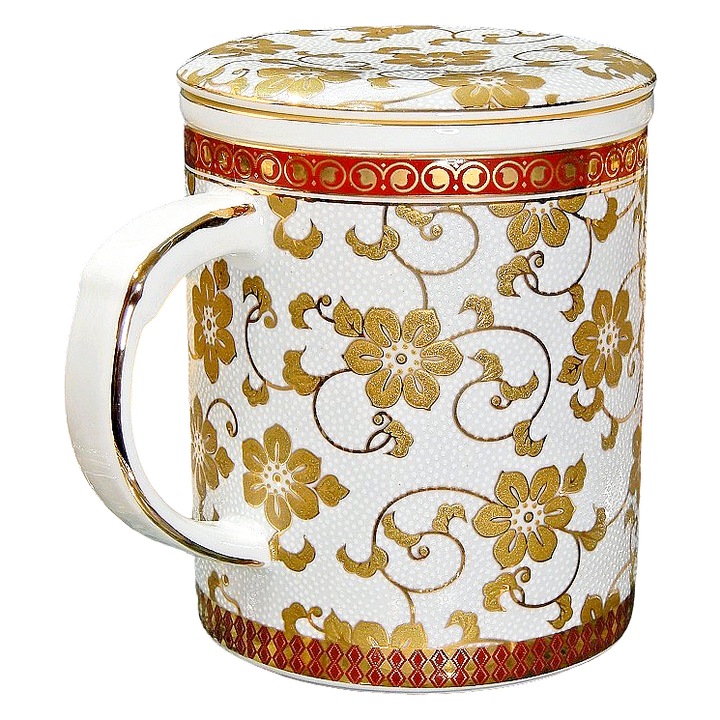 Cana din portelan cu sita si capac, model baroc auriu cu flori, 500ml, infuzor ceai