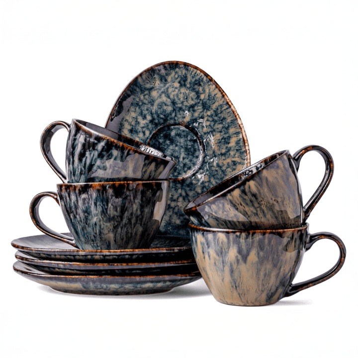 Serviciu de cafea Kasai galben-verde pentru 4 persoane 8 buc. Set de cesti si farfurioare moderne, lavabile in masina de spalat vase