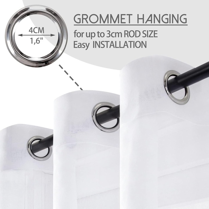 Set 2 Draperie Premium, 140 x 300 cm, Prindere pe Sina cu Inele, Alb - CN