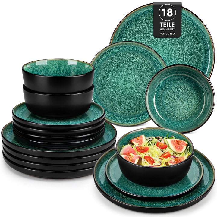 Set de vesela pentru 6 persoane, Vancasso, 18 piese, ceramica de inalta calitate, glazura reactiva, verde/negru