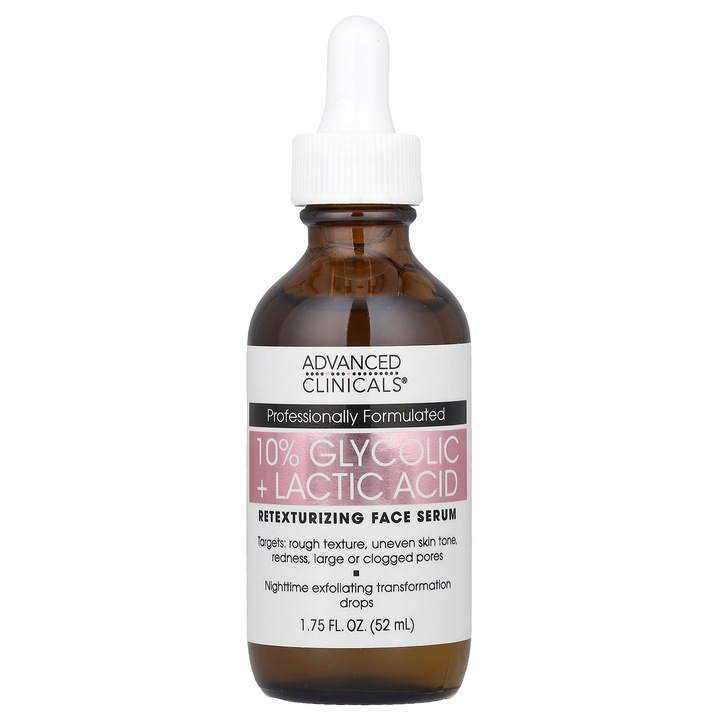 Serum pentru fata, 10% acid glicolic si lactic, 52 ml, fara parfum, testat dermatologic, Advanced Clinicals