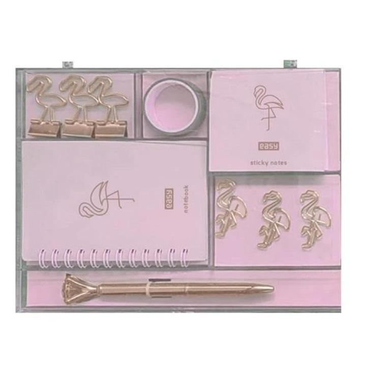 Комплект канцеларски материали и дневник, Easy Stationery, 6 части, розово и златисто, 188x229 мм