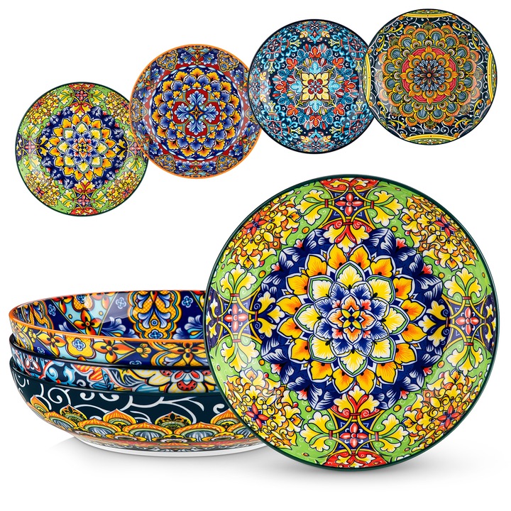 Set 4 boluri de paste ceramice Vancasso, design bohemian, multicolor, 22x22cm