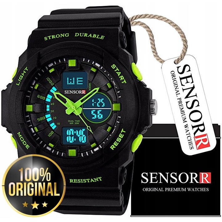 Ceas militar pentru copii Sensorr, verde, rezistent la socuri si apa, curea din PU, set cu cutie de cadou